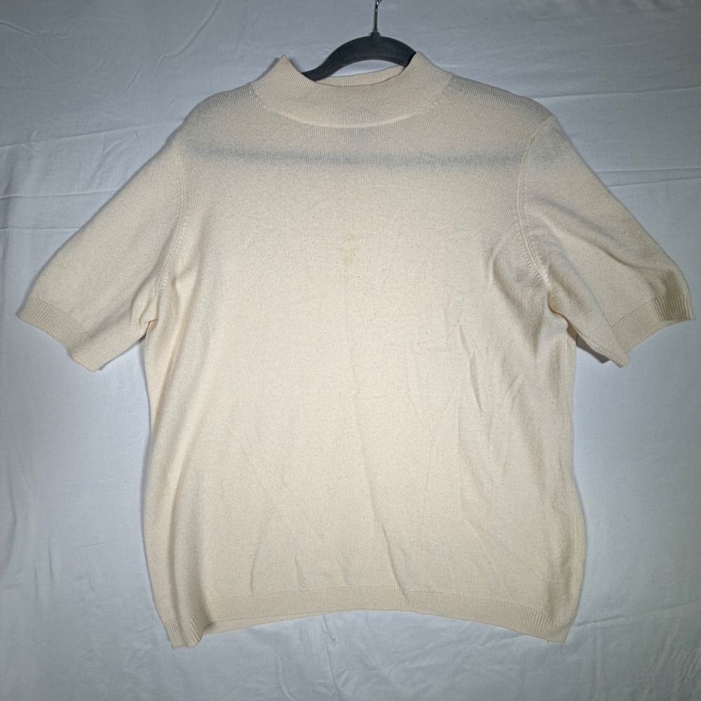 Pure Collection 100% Cashmere Mock Neck Short Sleeve Sweater Cream US 12 UK 16